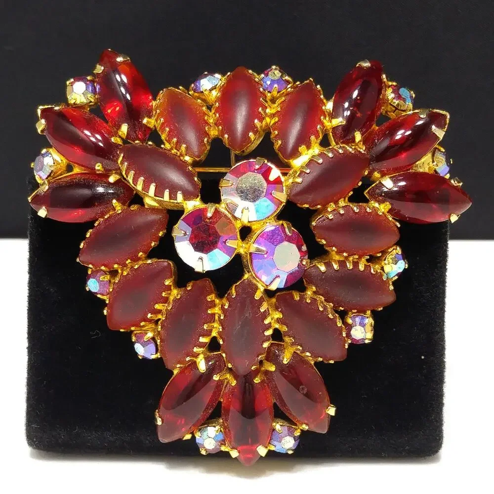 Red Art Glass & Rhinestone Brooch, Gold Plated, Juliana Style, 1960s Vintage